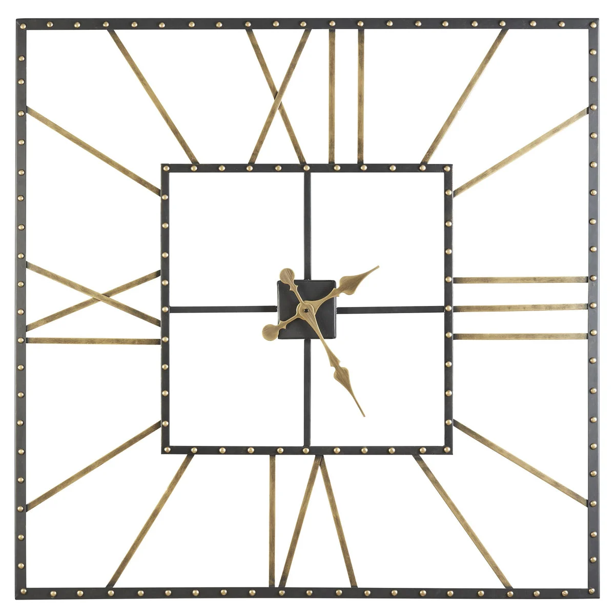 Benzara Square Open Frame Metal Wall Clock with Roman Numerals, Black and Gold