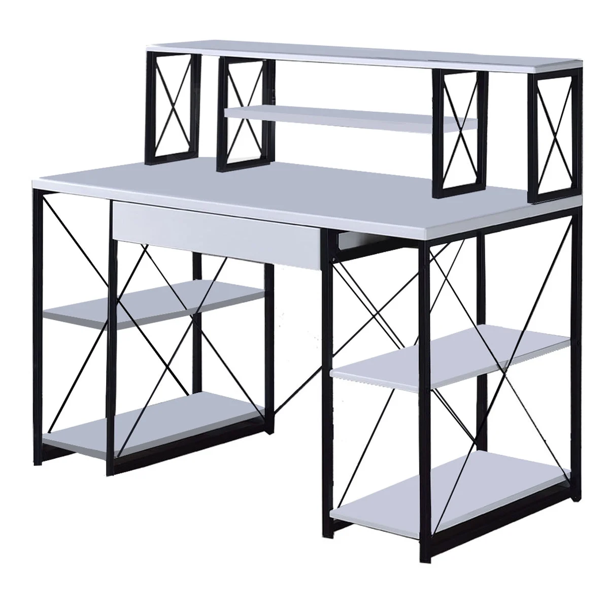 Benzara Industrial Style Desk with 4 Open Selves and Bookcase Hutch, White