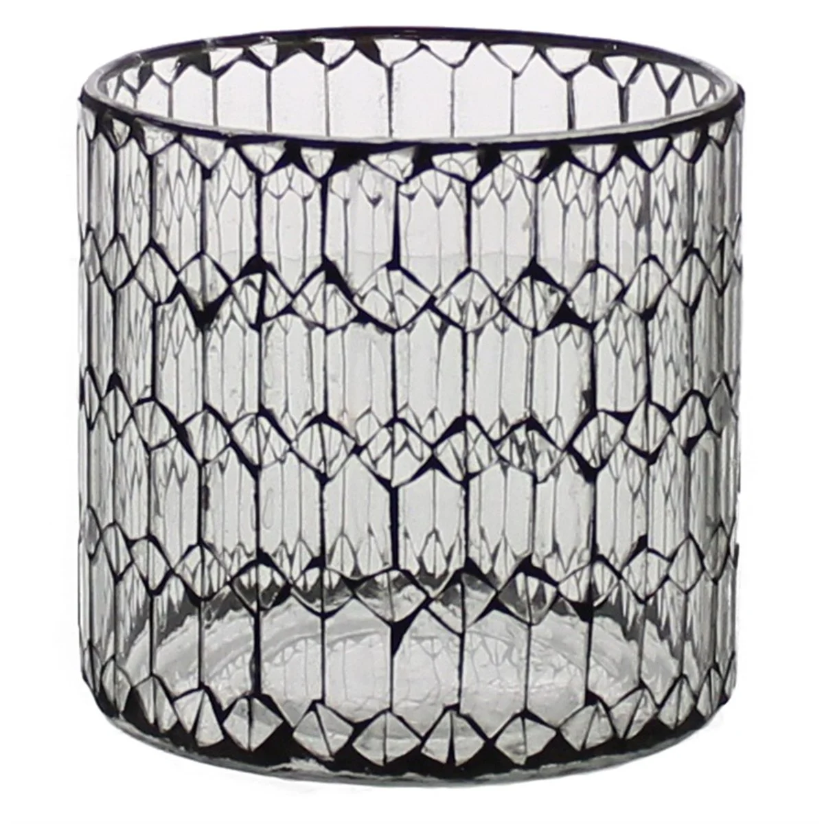 Benzara BM209744 Hand Cut Glass Hurricane with Mosaic Pattern, Medium, Black and Clear