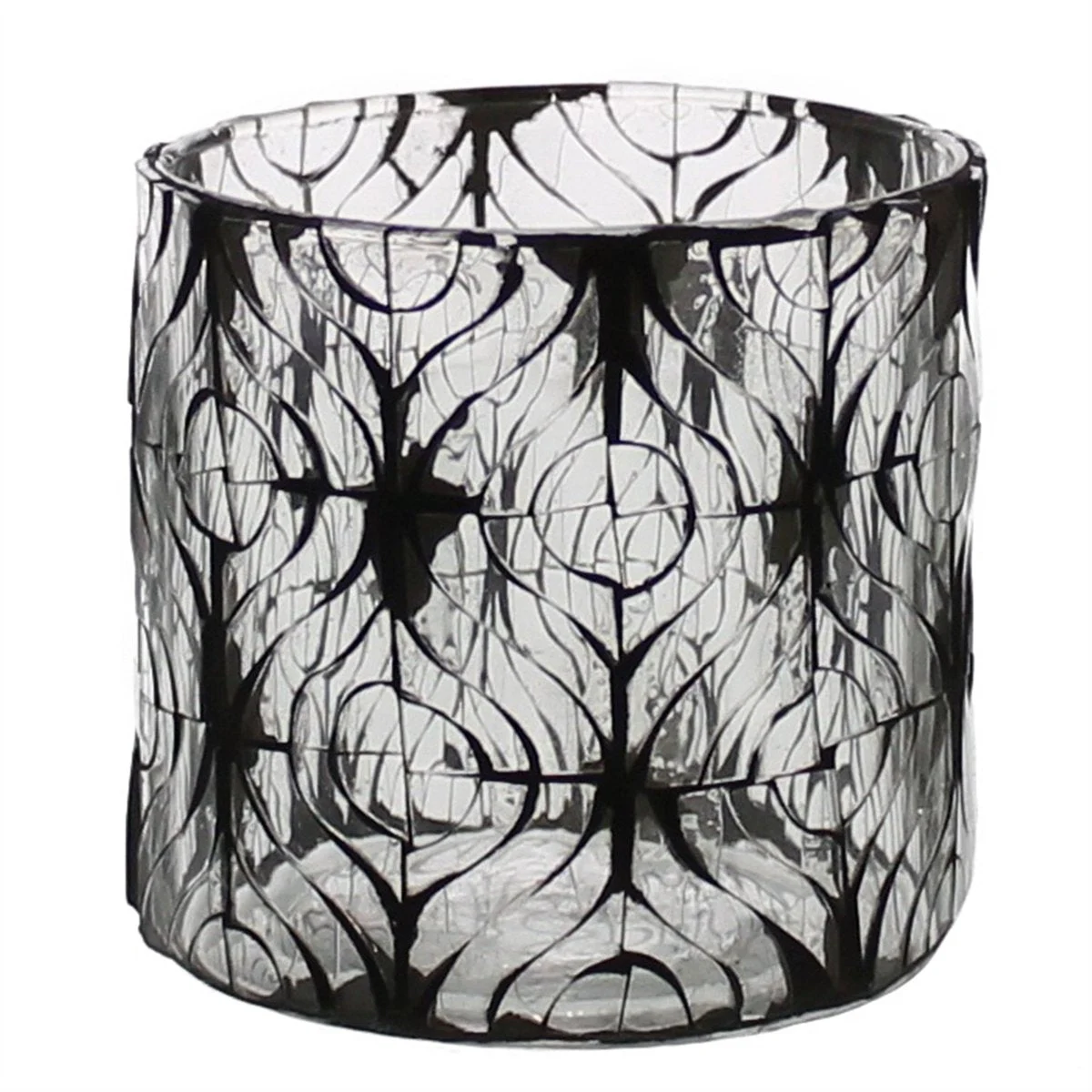 Benzara BM209745 Hand Cut Glass Hurricane with Ikat Pattern, Medium, Black and Clear