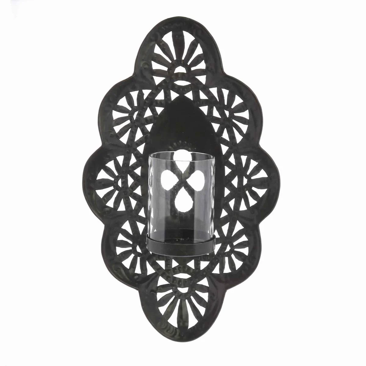 Benzara BM209752 Quatrefoil Shape Metal Wall Sconce with Glass Hurricane, Small, Black