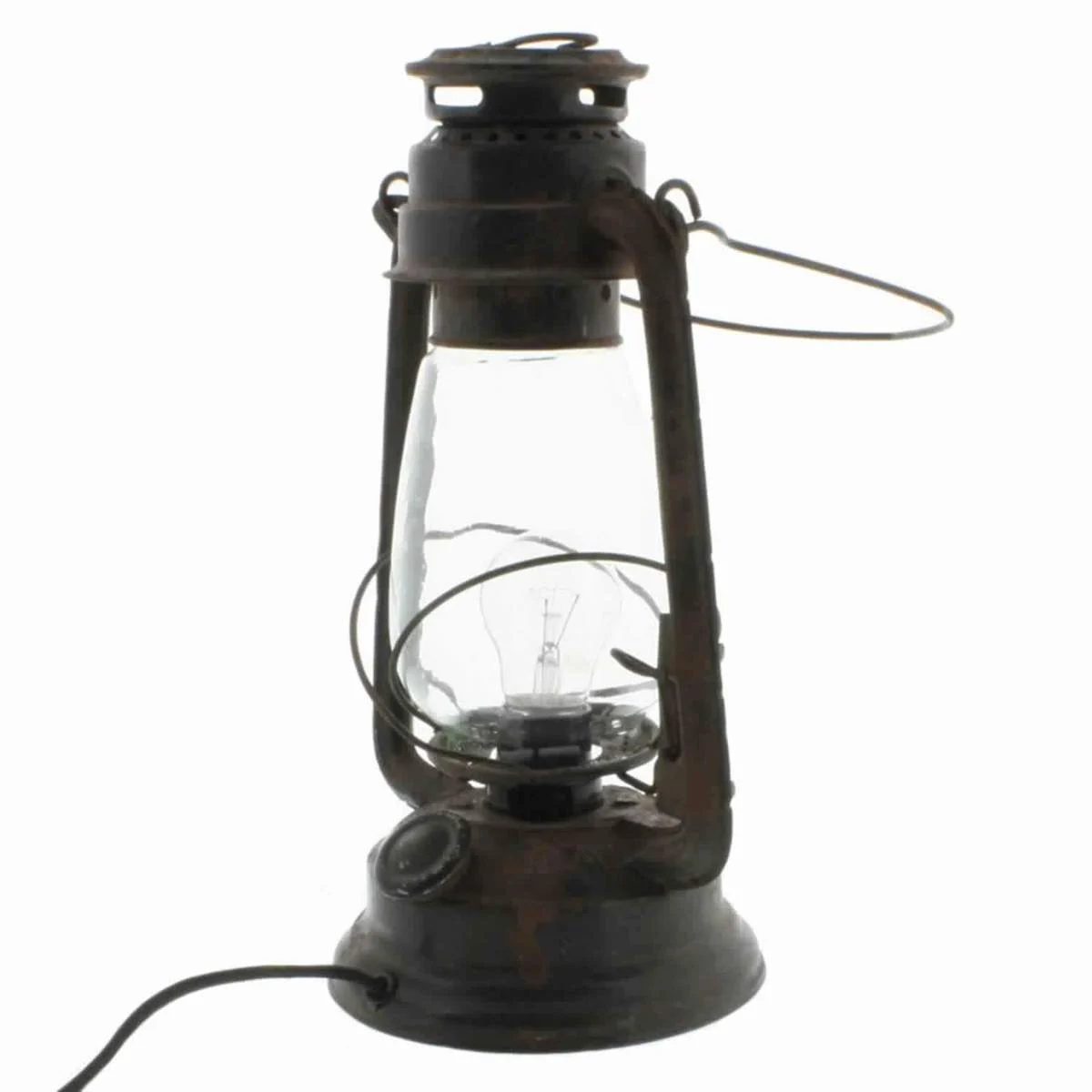 Benzara BM209759 Electric Metal and Glass Hurricane Plug In Camp Lantern, Rustic Black