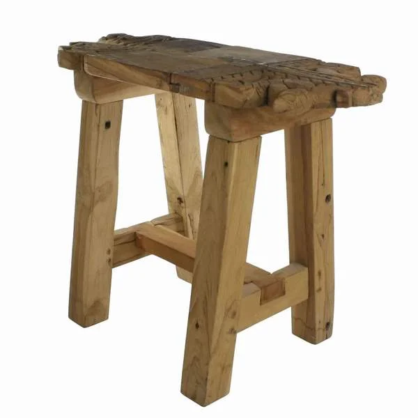 Benzara BM209769 Classic Wooden Stool with Carved Top and Angular Block Legs, Brown