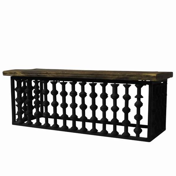 Benzara BM209781 Reclaimed Wood Top Wall Shelf with Spool Design, Brown and Black