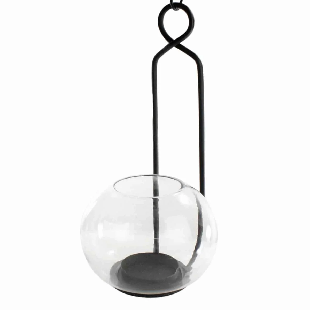 Benzara BM209798 Metal Frame Wall Sconce with Round Glass Hurricane, Black and Clear