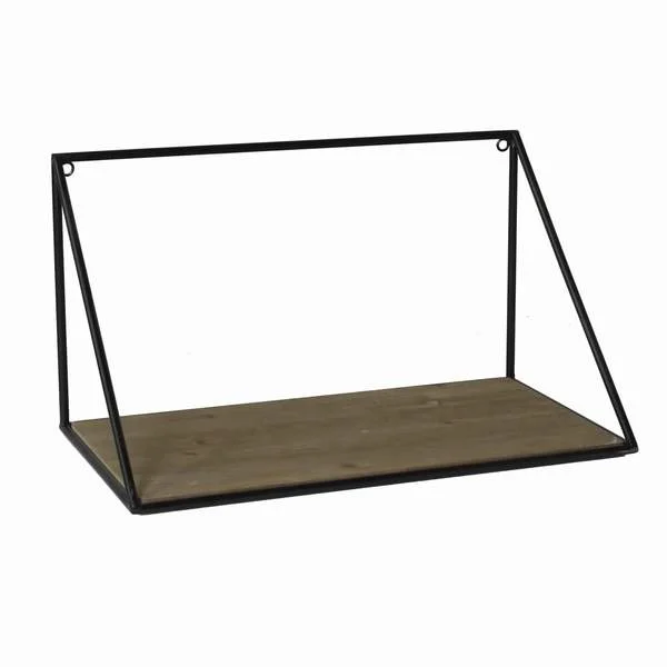 Benzara BM209816 Parallelogram Shape Metal Frame Wooden Shelf, Small, Black and Brown