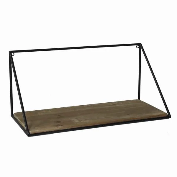 Benzara BM209817 Parallelogram Shape Metal Frame Wooden Shelf, Medium, Black and Brown