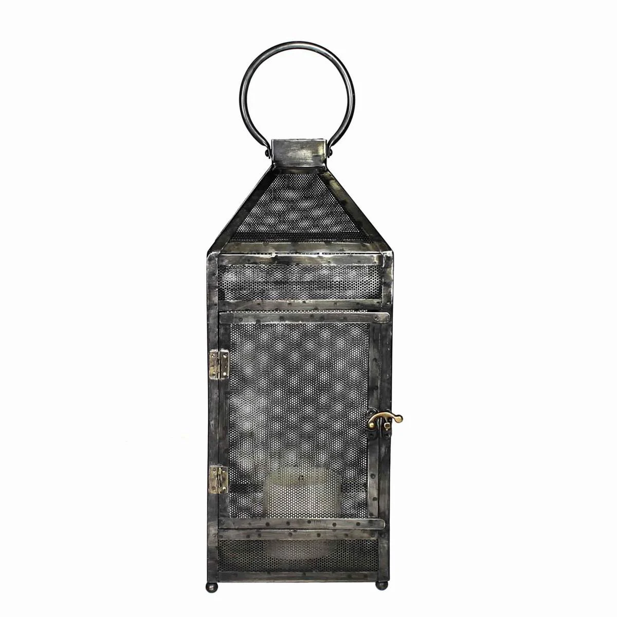 Benzara BM209823 Mesh Design Metal Frame Lantern with Latch Lock, Small, Distressed Gray