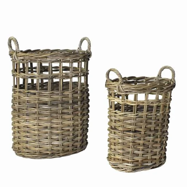 Benzara BM209837 Round Shape Woven Rattan Umbrella Basket with Handles, Set of 2, Gray