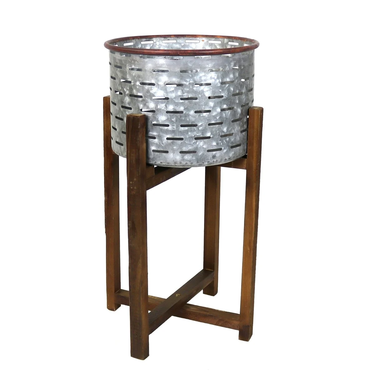 Benzara BM209842 Galvanized Metal Planter with Collapsible Wooden Base, Silver and Brown