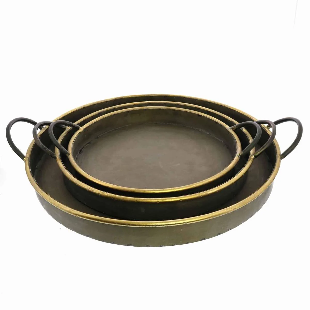 Benzara BM209844 Round Galvanized Metal Tray with Handle, Set of 3, Bronze and Brown