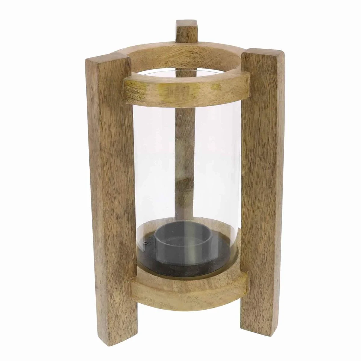 Benzara BM209850 Wooden Frame Glass Hurricane Lantern with Tripod Base, Brown and Clear