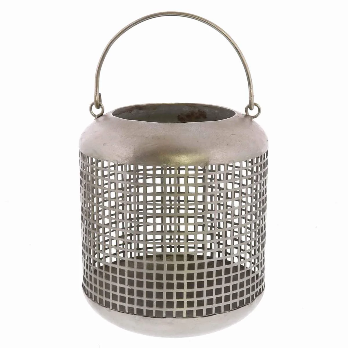 Benzara BM209859 Bellied Mesh Design Metal Frame Lantern with Hanger, Small, Antique Nickel