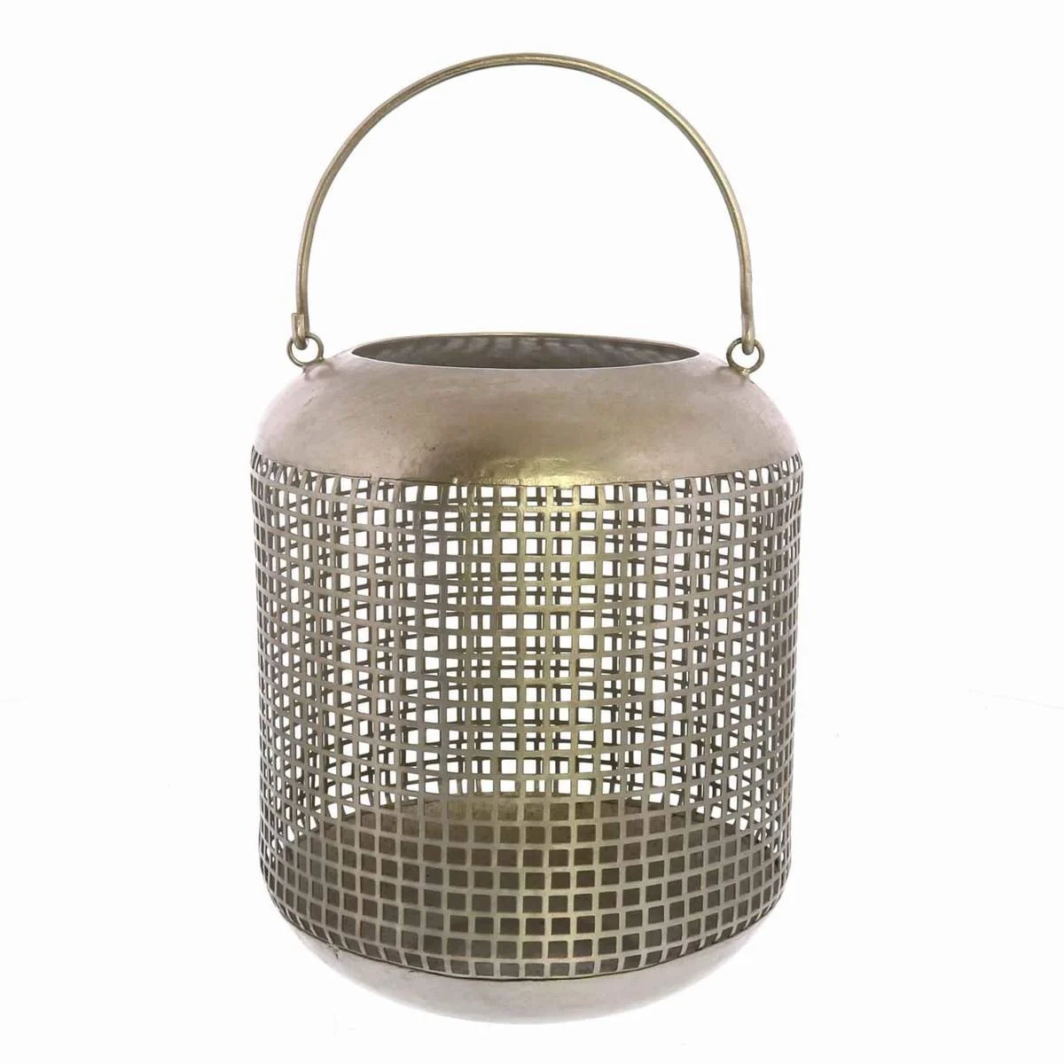 Benzara BM209860 Mesh Design Bellied Metal Frame Lantern with Hanger, Large, Antique Nickel