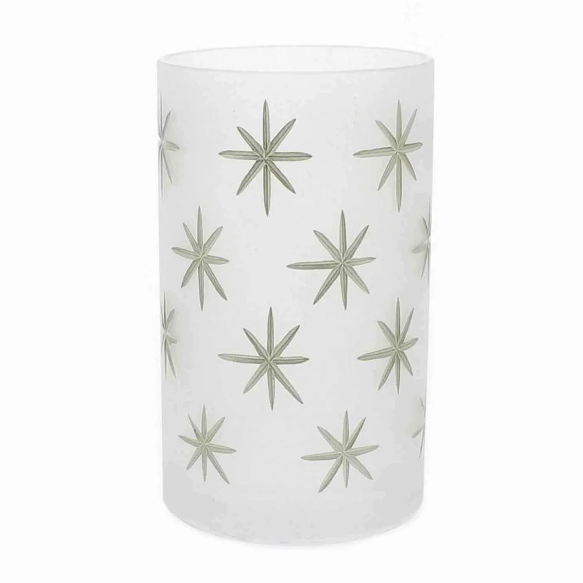 Benzara BM209869 Cylindrical Frosted Glass Hurricane with 8 Point Star Print, Large, White