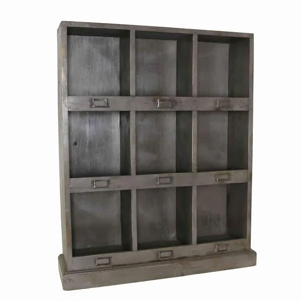 Benzara BM209887 Rectangular Metal Frame Storage Case with 9 Cubbies, Distressed Gray