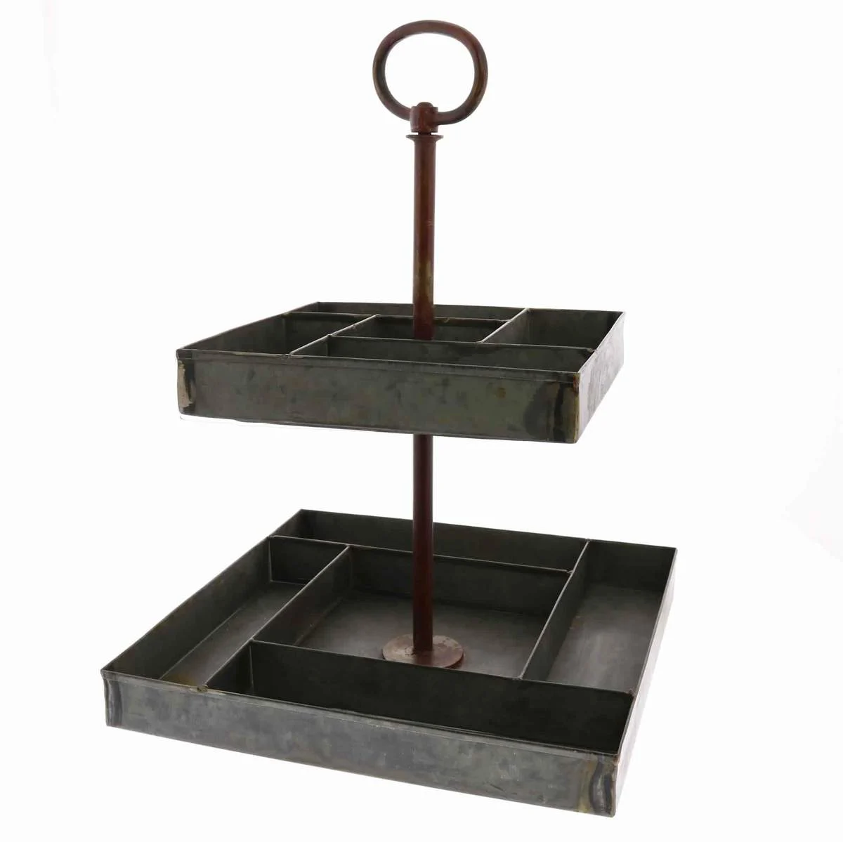 Benzara BM209916 8 Compartment and 2 Tier Galvanized Metal Stand with Ring Handle, Gray