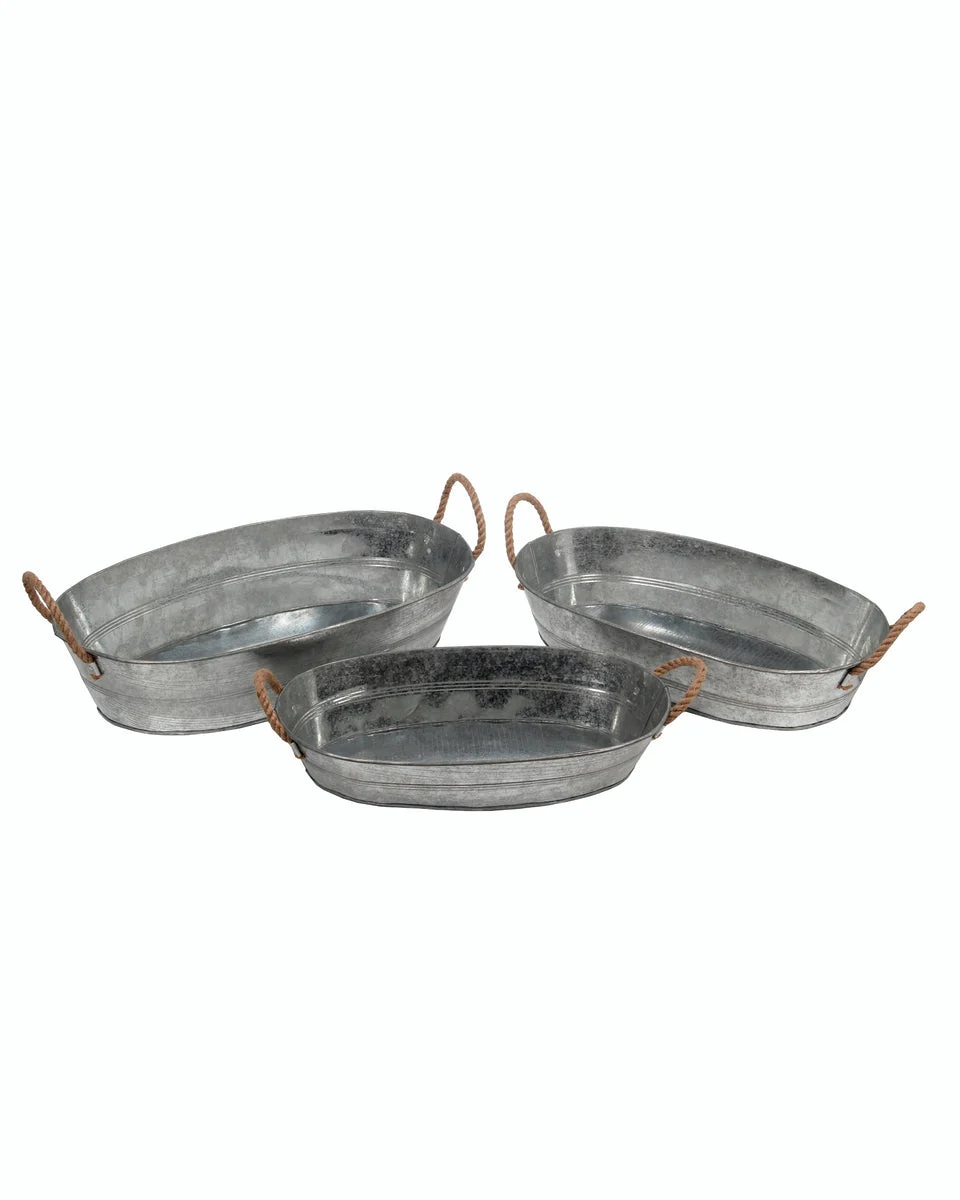 Benzara Oval Metal Storage Bucket with Rope Handles, Set of 3, Gray