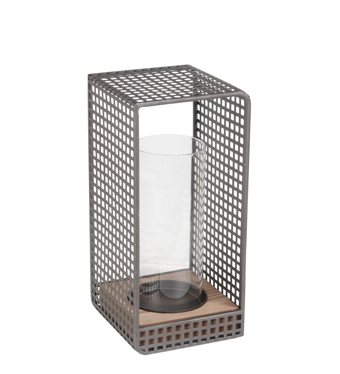 Benzara Industrial Metal Grid Body Lantern with Glass Hurricane, Large, Gray
