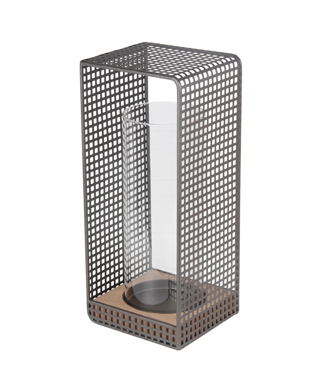 Benzara Industrial Metal Grid Body Lantern with Glass Hurricane, Small, Gray