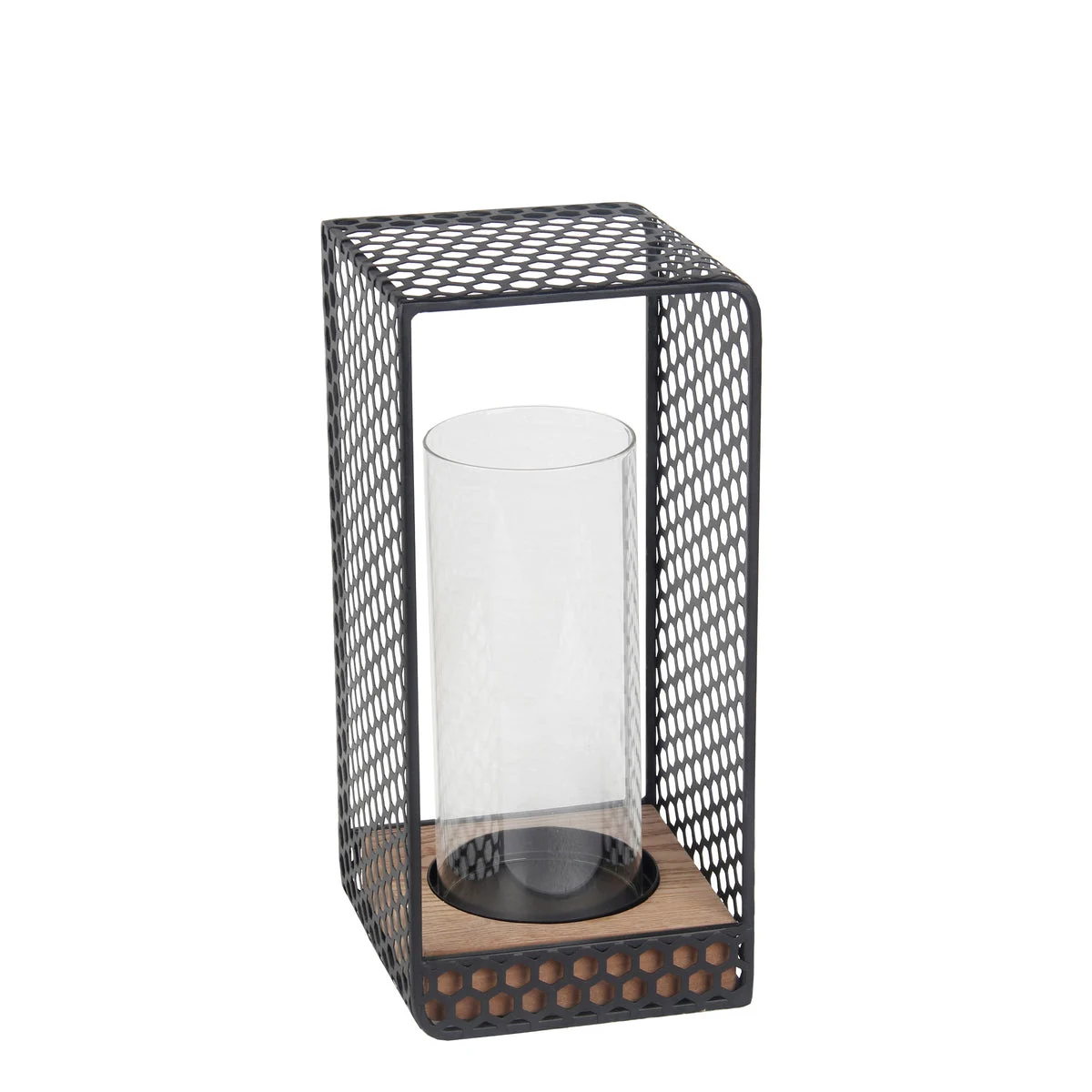 Benzara Hexagonal Metal Grid Body Lantern with Glass Hurricane, Small, Gray