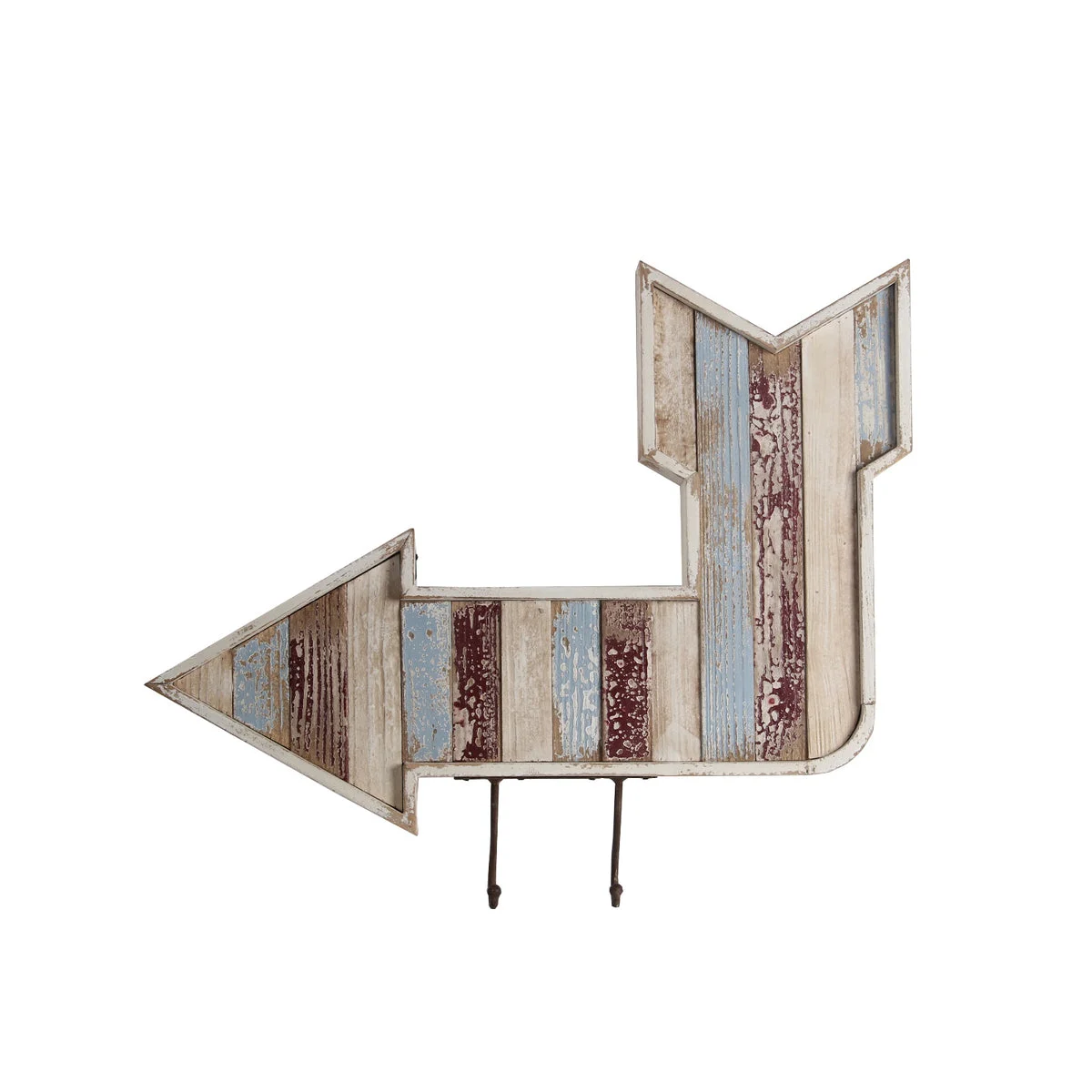 Benzara Wooden Wall Decor Arrow with 2 Hooks Pointing Downward and Left, Multicolor