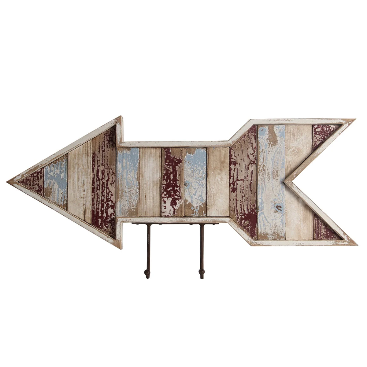 Benzara Wooden Wall Decor Arrow with 2 Hooks Pointing Left, Multicolor