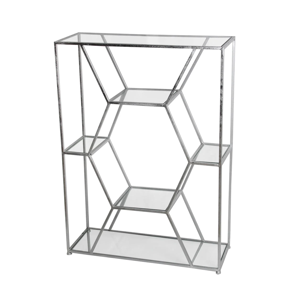 Benzara Metal Frame Bakers Rack with Hexagonal Design and 5 Glass Shelves, Silver