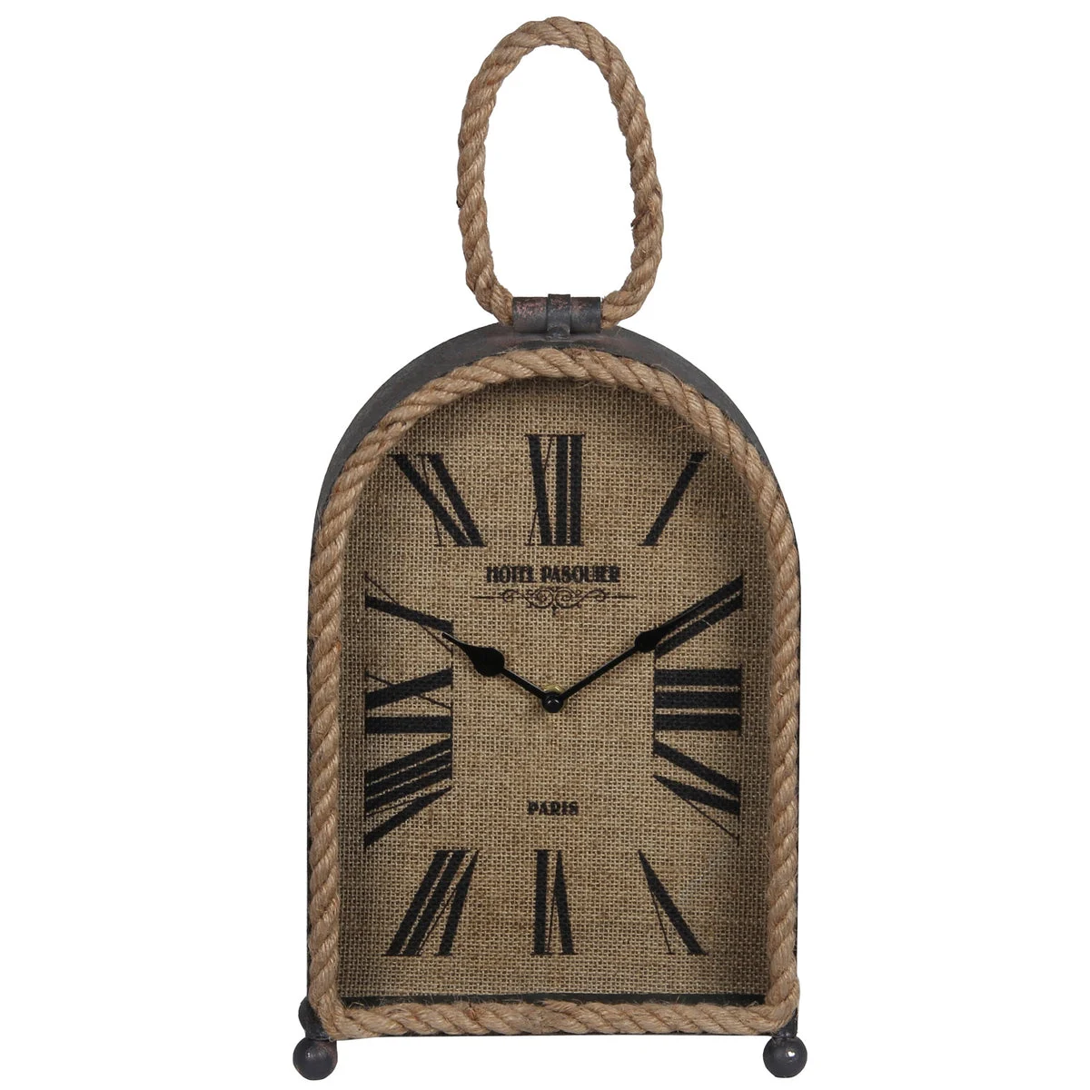 Benzara Arch Shape Metal Table Clock with Rope Edges and Handle, Gray and Brown