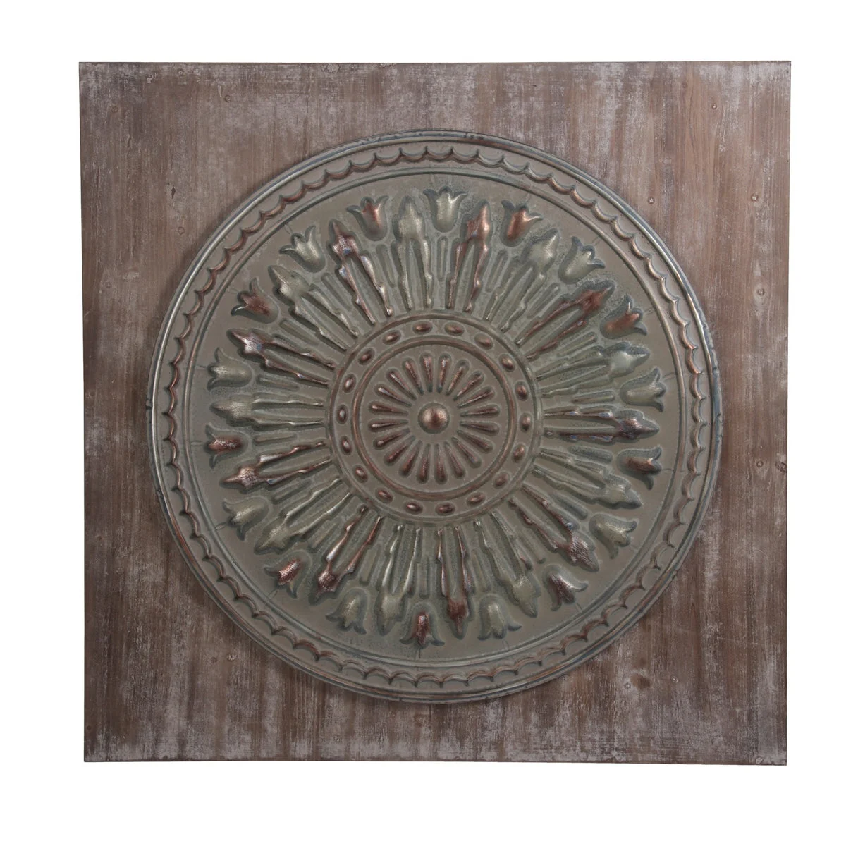 Benzara Wood and Metal Wall Decor with Embossed Medallion Design, Gray and Brown
