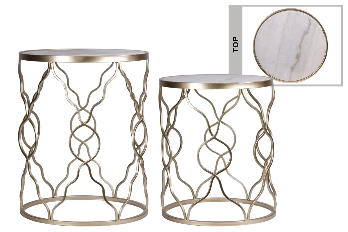 Benzara Marble Top Metal Table with Wavy Diamond Lattice Design, Setof 2, Gold