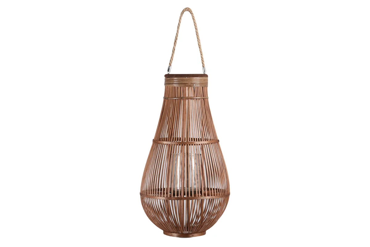 Benzara Bellied Shape Lantern with Glass Hurricane and Lattice Design,Large,Brown