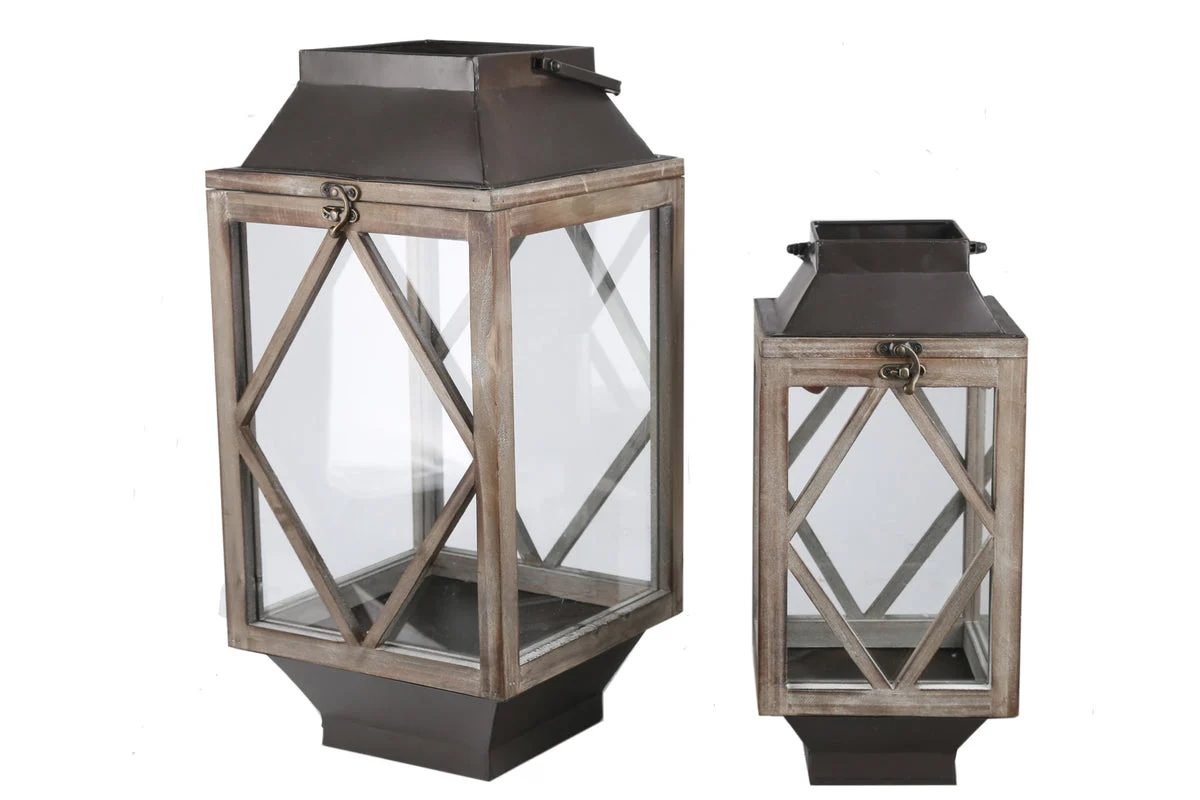 Benzara Wood and Metal Lantern with Diamond Body Design, Brown and Black, Setof 2