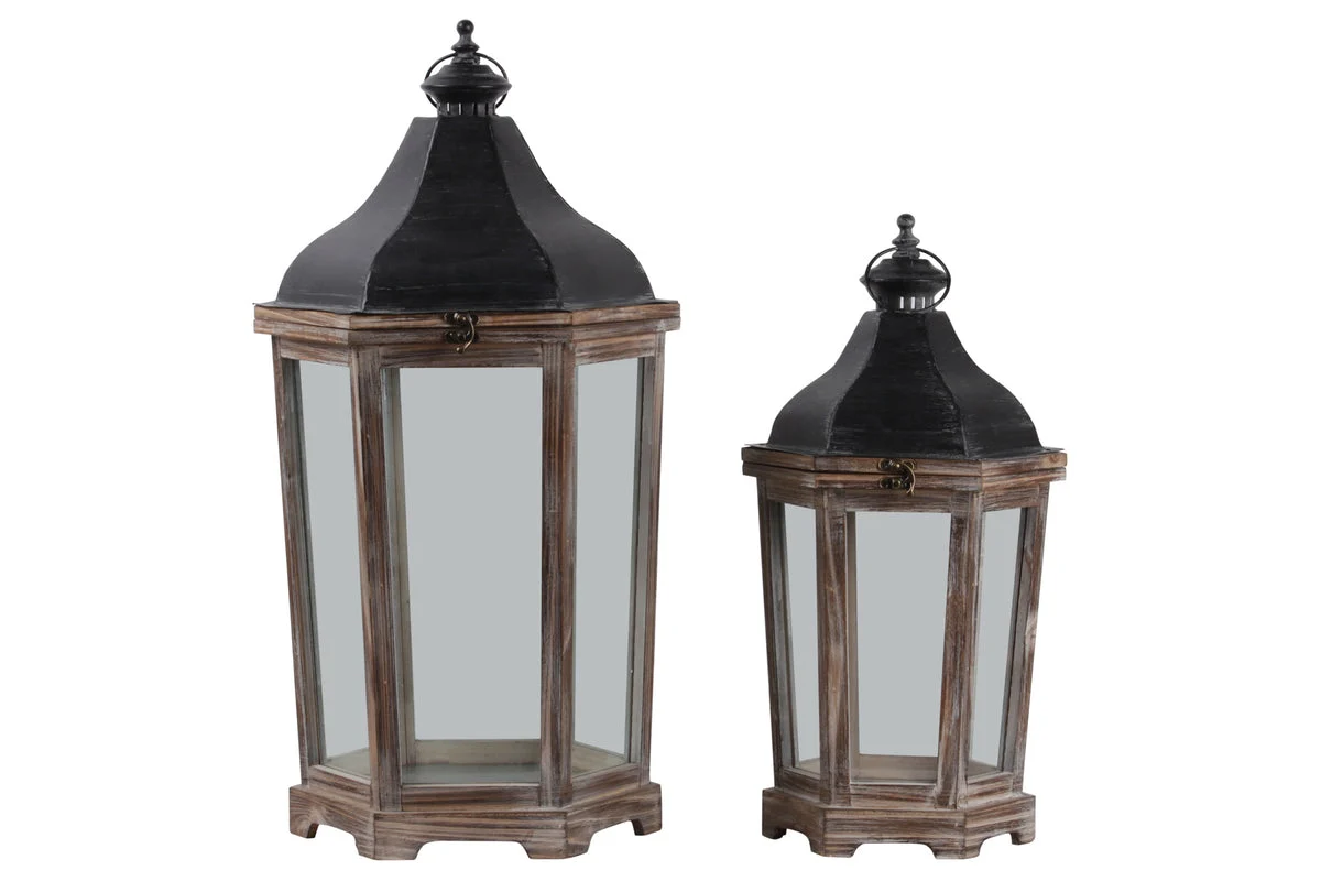 Benzara Wood and Metal Lanterns with Ring Handle, Brown and Black, Set of 2