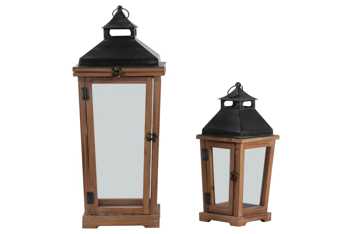 Benzara Wood and Metal Lanterns with Temple Top, Brown and Black, Set of 2