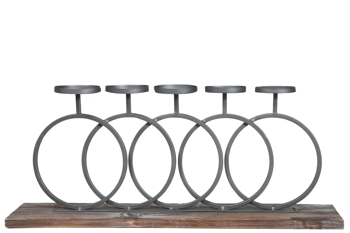 Benzara Wood and Metal Candle Holder with Interlocking 5 Rings, Gray and Brown