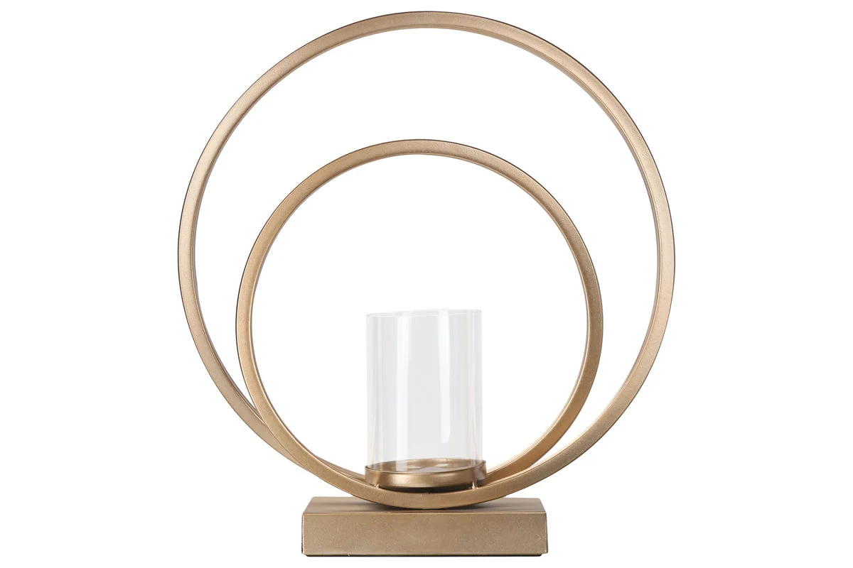 Benzara Metal Candle Holder with Abstract Ring Sculpture and Glass Hurricane, Gold