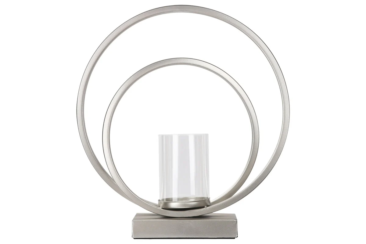 Benzara Metal Candle Holder with Abstract Ring Sculpture and Glass Hurricane,Silver