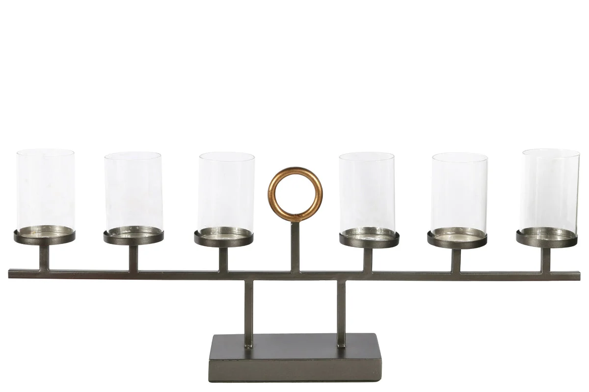 Benzara Metal, Clustered Candle Holder with 6 Glass Hurricanes, Black and Gold