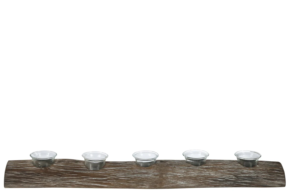 Benzara Wooden Branch Candle Holder with 5 Glass Hurricanes, Brown