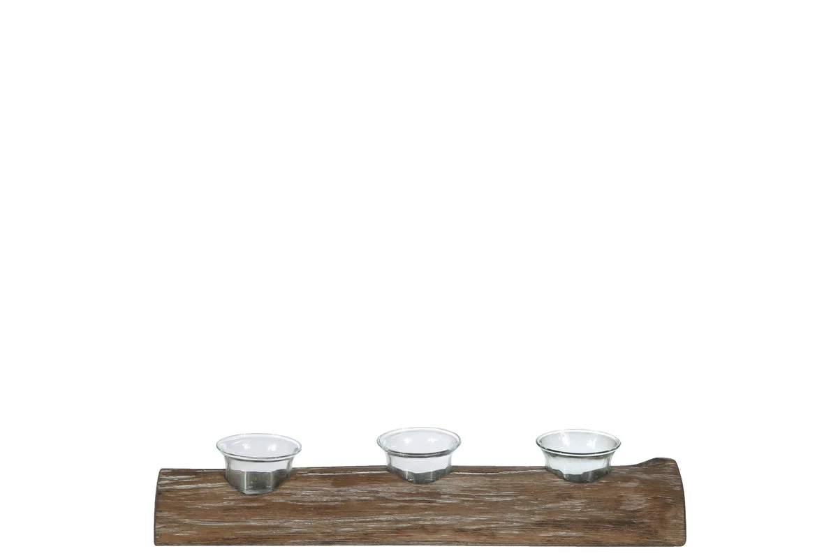 Benzara Wooden Branch Candle Holder with 3 Glass Hurricanes, Brown