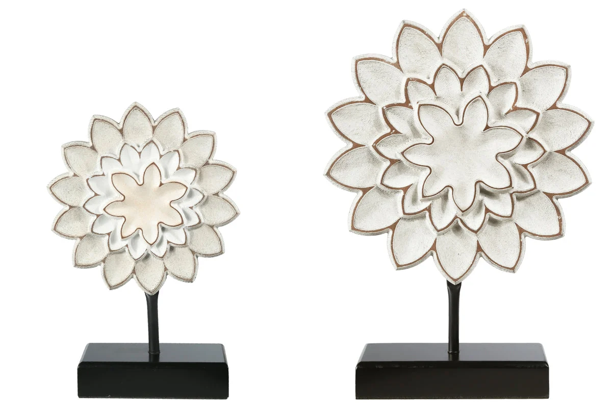 Benzara Wood and Metal Flower Decor with Sunflower Design, White and Black, Set of 2
