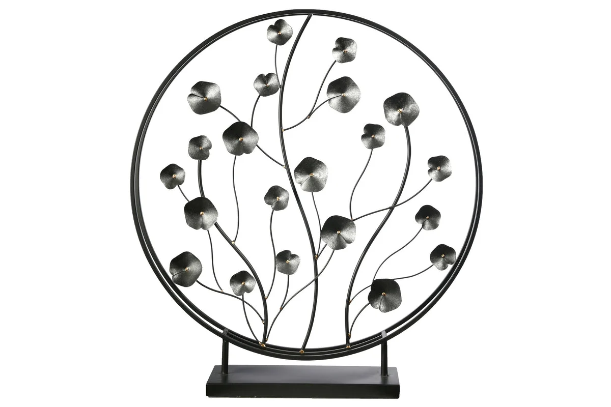 Benzara Round Metal Plant Decor on Rectangular Stand, Black