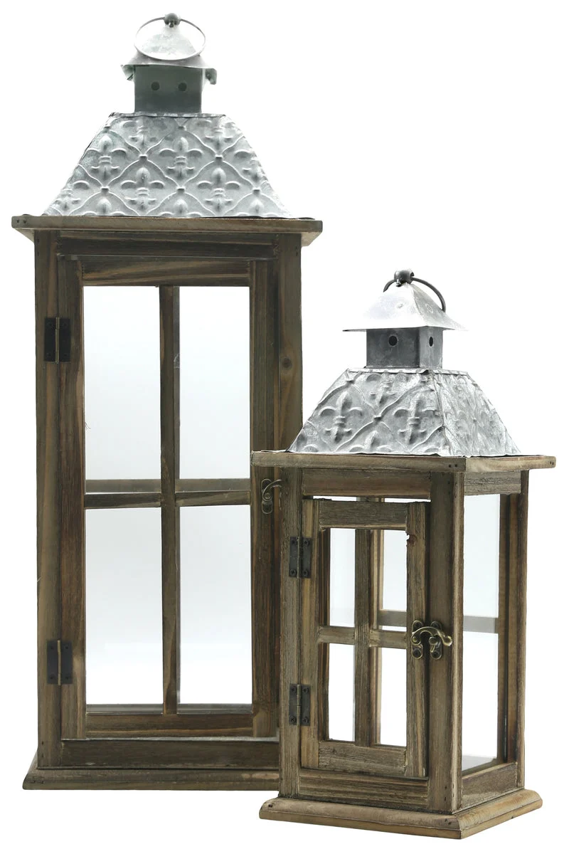 Benzara Wood and Glass Lanterns with Temple Design Top, Brown and Silver, Set of 2