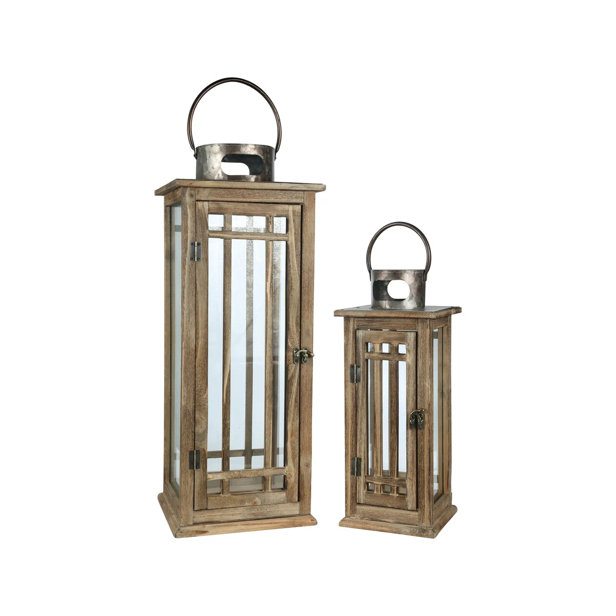 Benzara Wood and Glass Lantern with Grid Pattern and Metal Ring, Brown, Set of 2