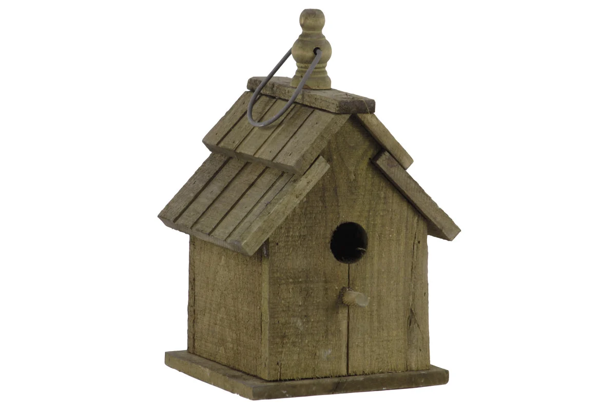 Benzara Wooden Bird House with Double Gable Roof Design and Metal Handle, Brown