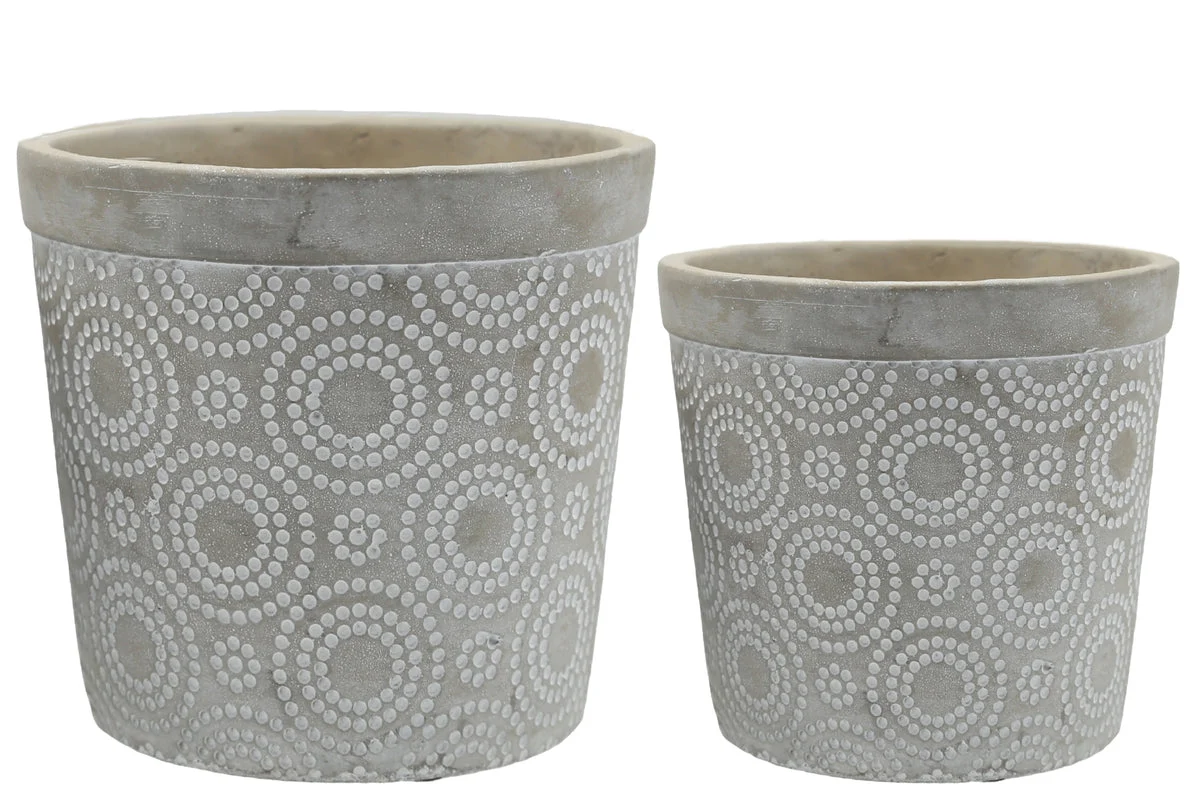 Benzara Cement Round Pot with Circle Pattern and Tapered Bottom Base,Setof 2,Gray