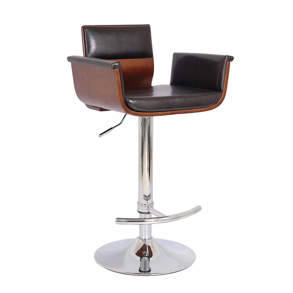 Benzara 33 Inches Swivel Barstool with Cushioned Seat and Arms, Brown and Chrome