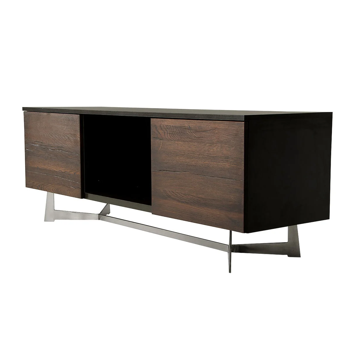 Benzara Wooden TV Stand with 2 Push Door Cabinets and 1 Open Shelf, Brown