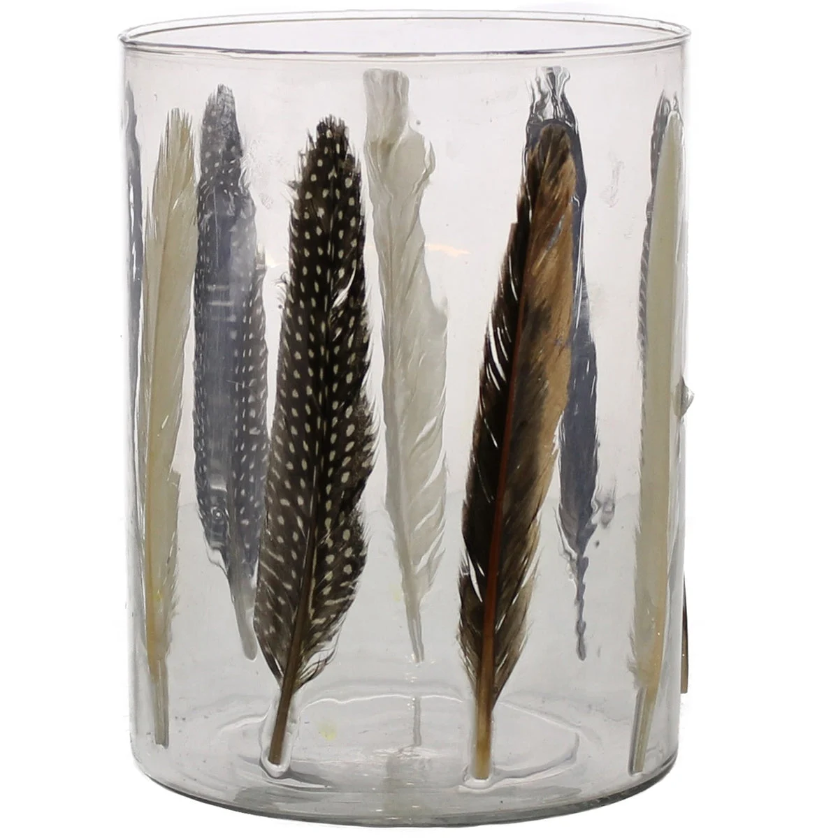 Benzara Modern Style Glass Hurricane with Enamelled Feather Design, Multicolor